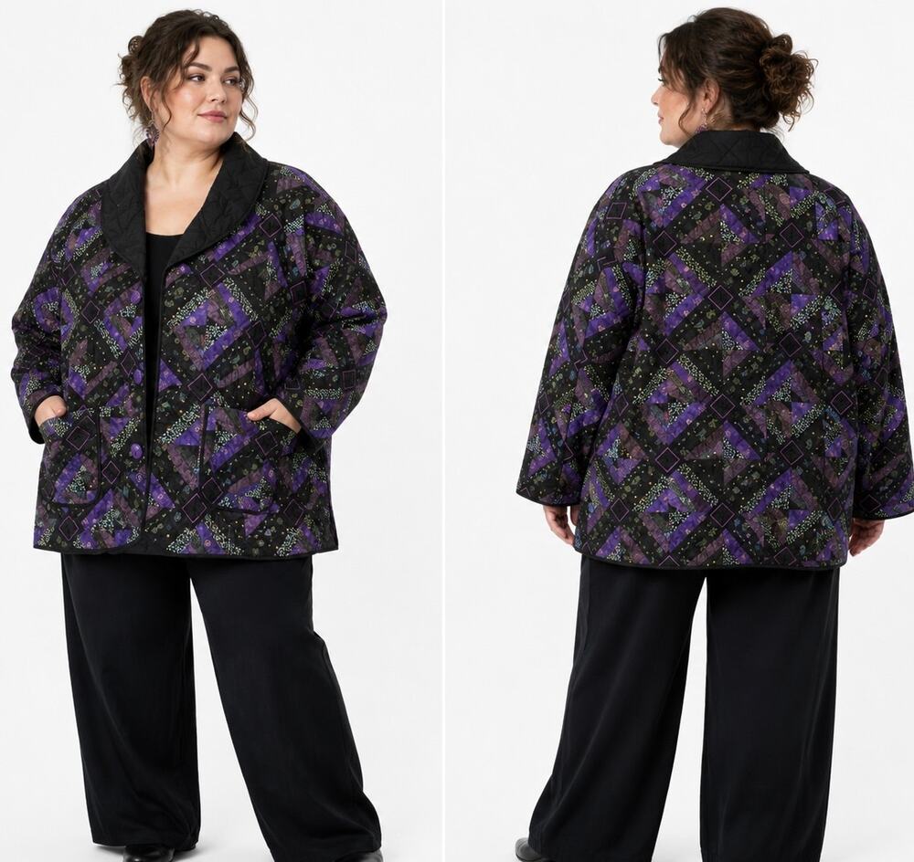 Vtg Donna Sharp Quilted Jacket Size 2X Purple Black Patchwork Cottagecore Indie